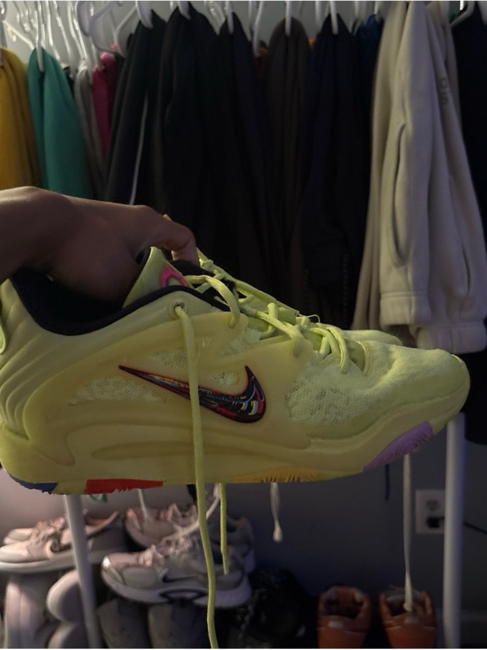 Nike Men's Neon Yellow Athletic Shoes with Multicolor Swoosh